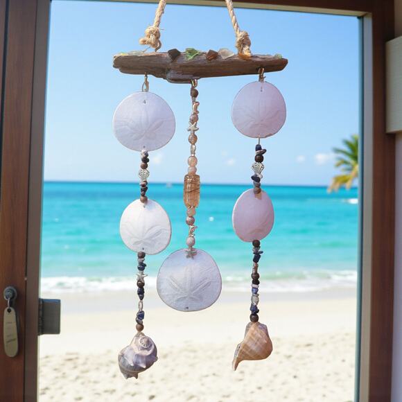 Coastal Wind Chime/Mobile Natural Driftwood, Sea Glass, Sand Dollars Handmade - Picture 1 of 5